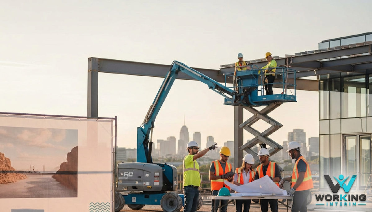 recrutement international rentrée - Chantier moderne avec ouvriers qualifiés pendant la rentrée.