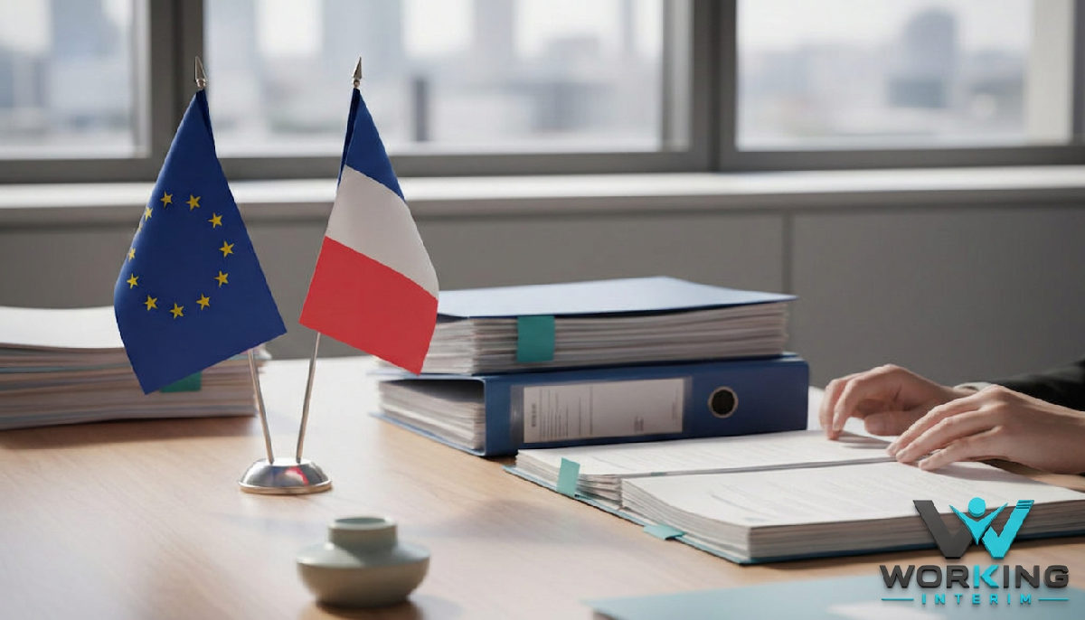 Bureau RH gérant le recrutement international avec drapeaux.