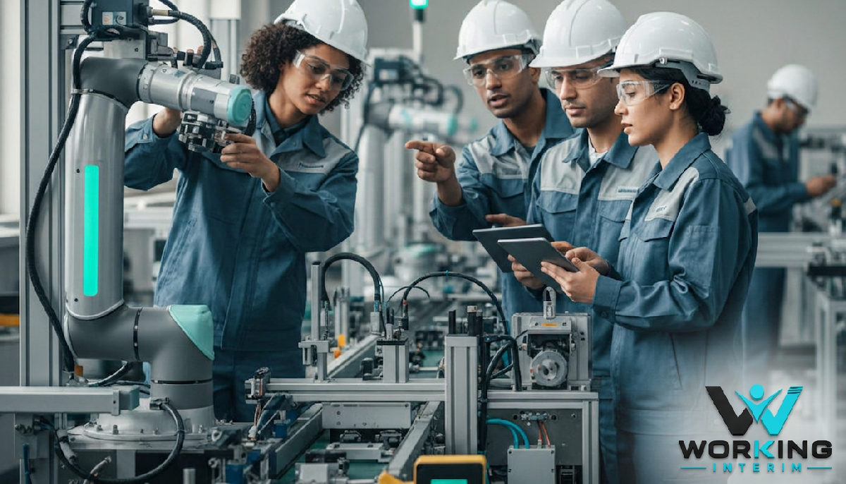 Techniciens internationaux sur ligne de production automatisée.