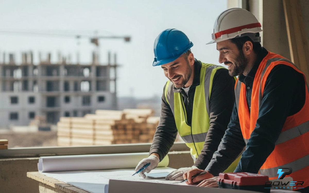 Réunion de chantier : manager et contremaître discutent des plans.
