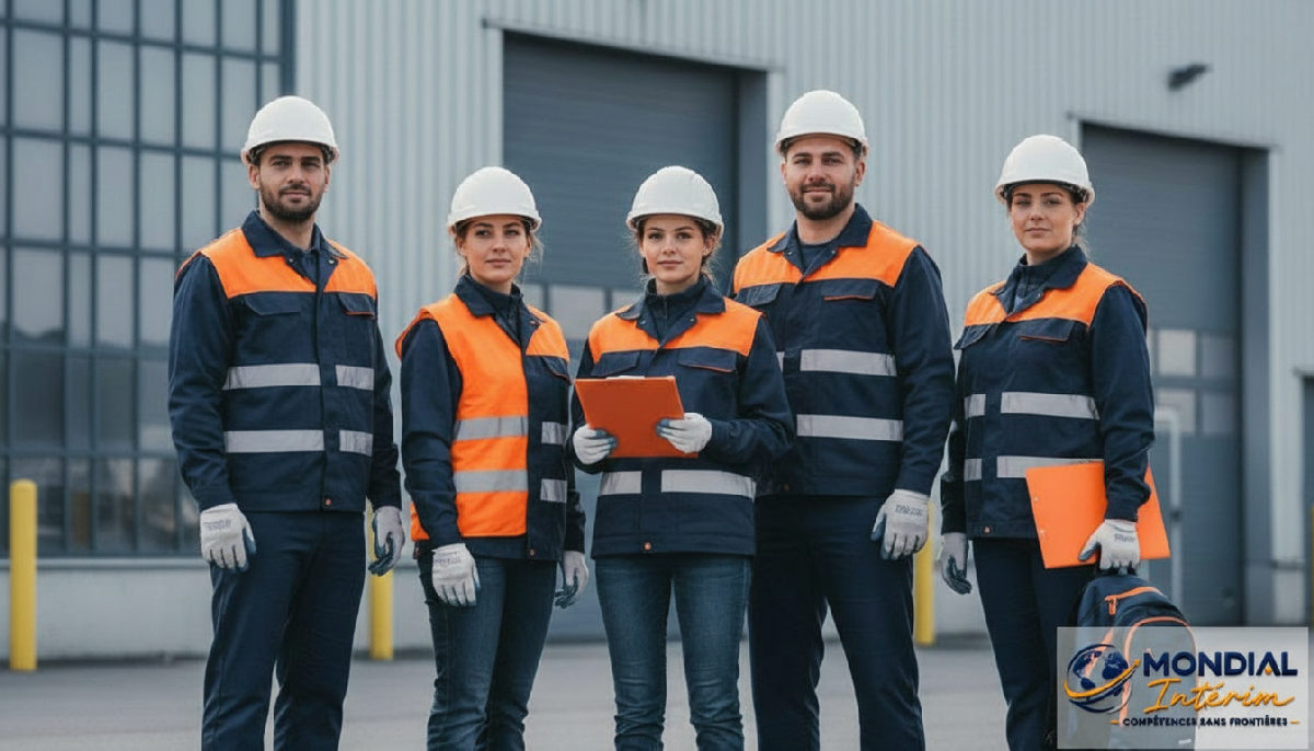 Groupe d'intérimaires roumains prêts pour une mission en usine.
