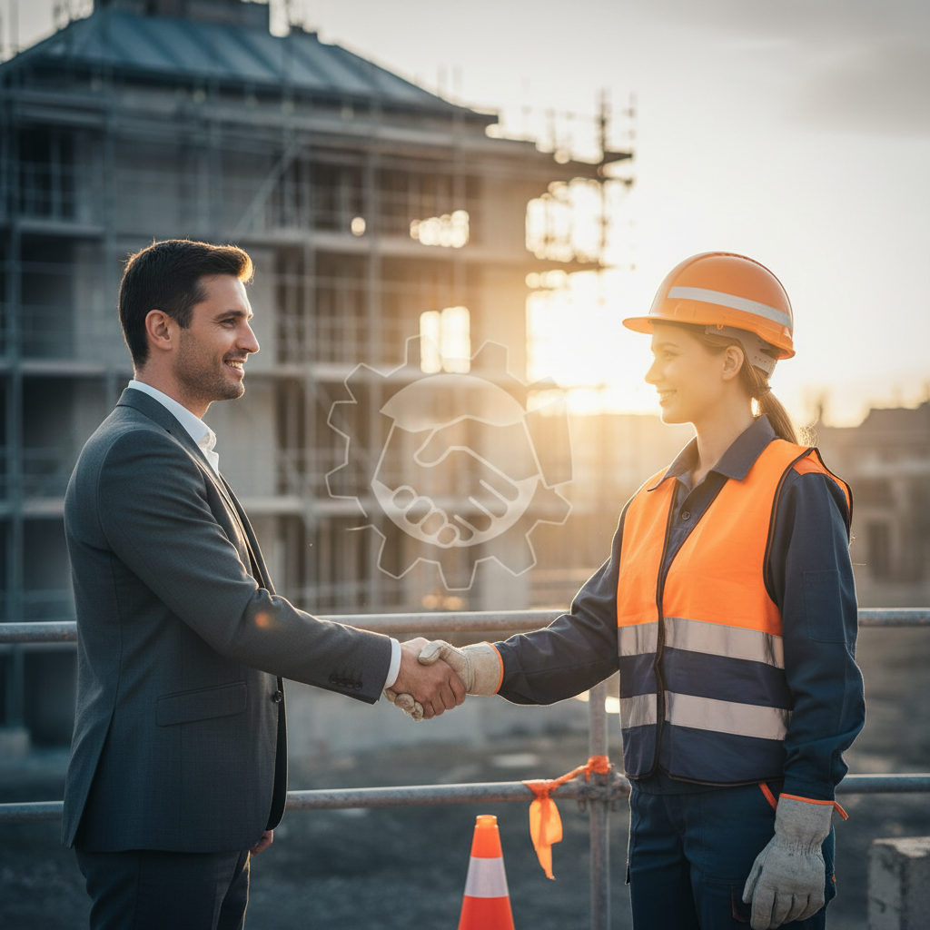 An image showing cultural handshake between a French business manager and a Romanian worker, representing cooperation and interim staffing.