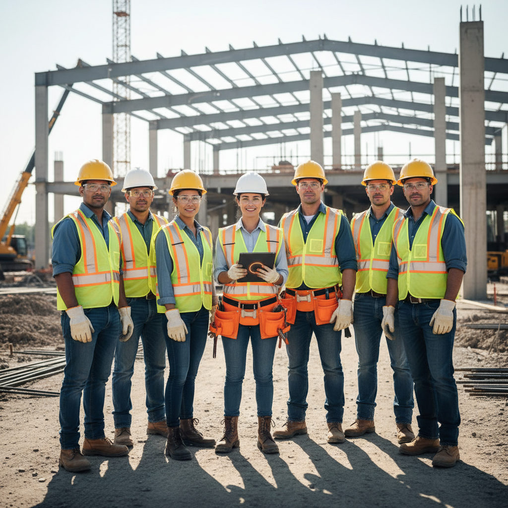 A diverse team of workers on a construction site wearing safety gear, looking confident and protected.