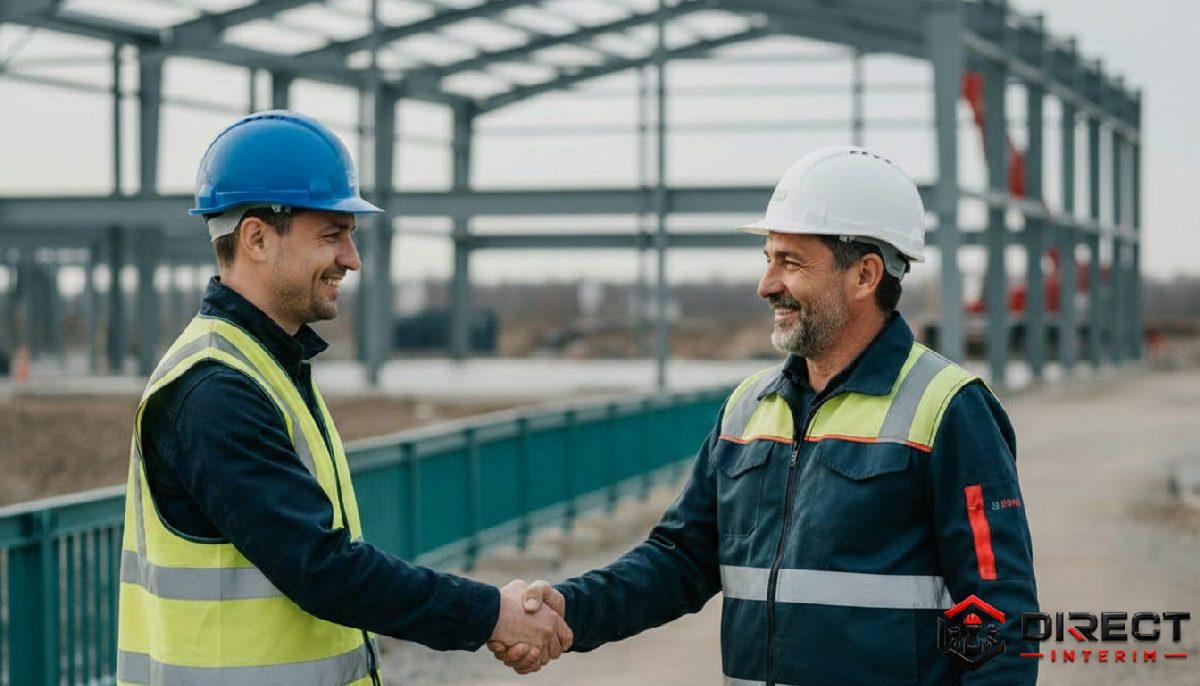 Collègues français et roumain se serrant la main sur un chantier.