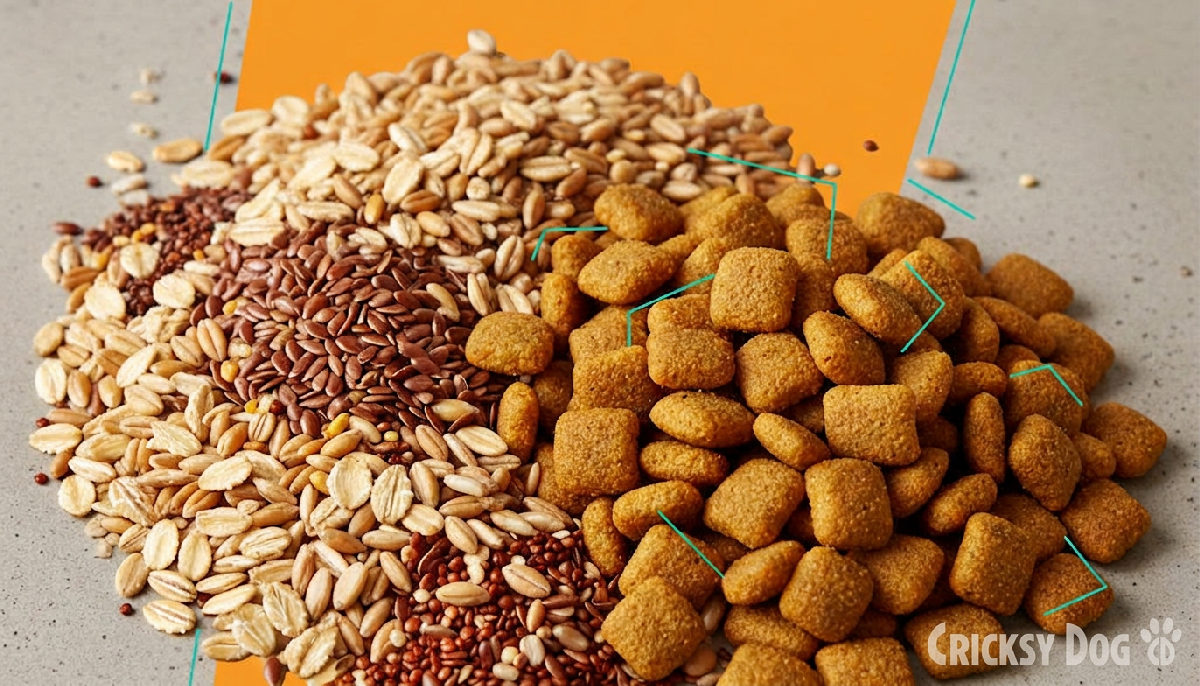 Getreidekörner und Hundefutter-Kroketten nah beieinander.