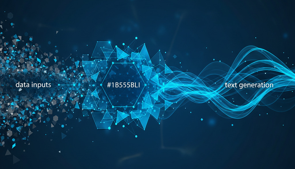 Grafica astratta IA e NLP che visualizza la generazione di testo dai dati.