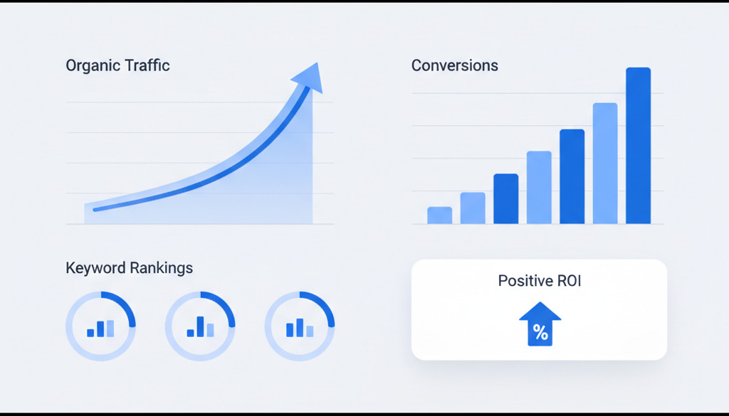 Dashboard SEO che mostra trend crescenti in traffico, ranking e conversioni.