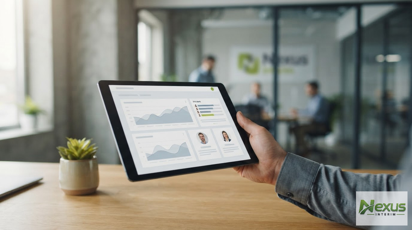 Tablette affichant des profils de travailleurs et indicateurs de performance en entreprise.