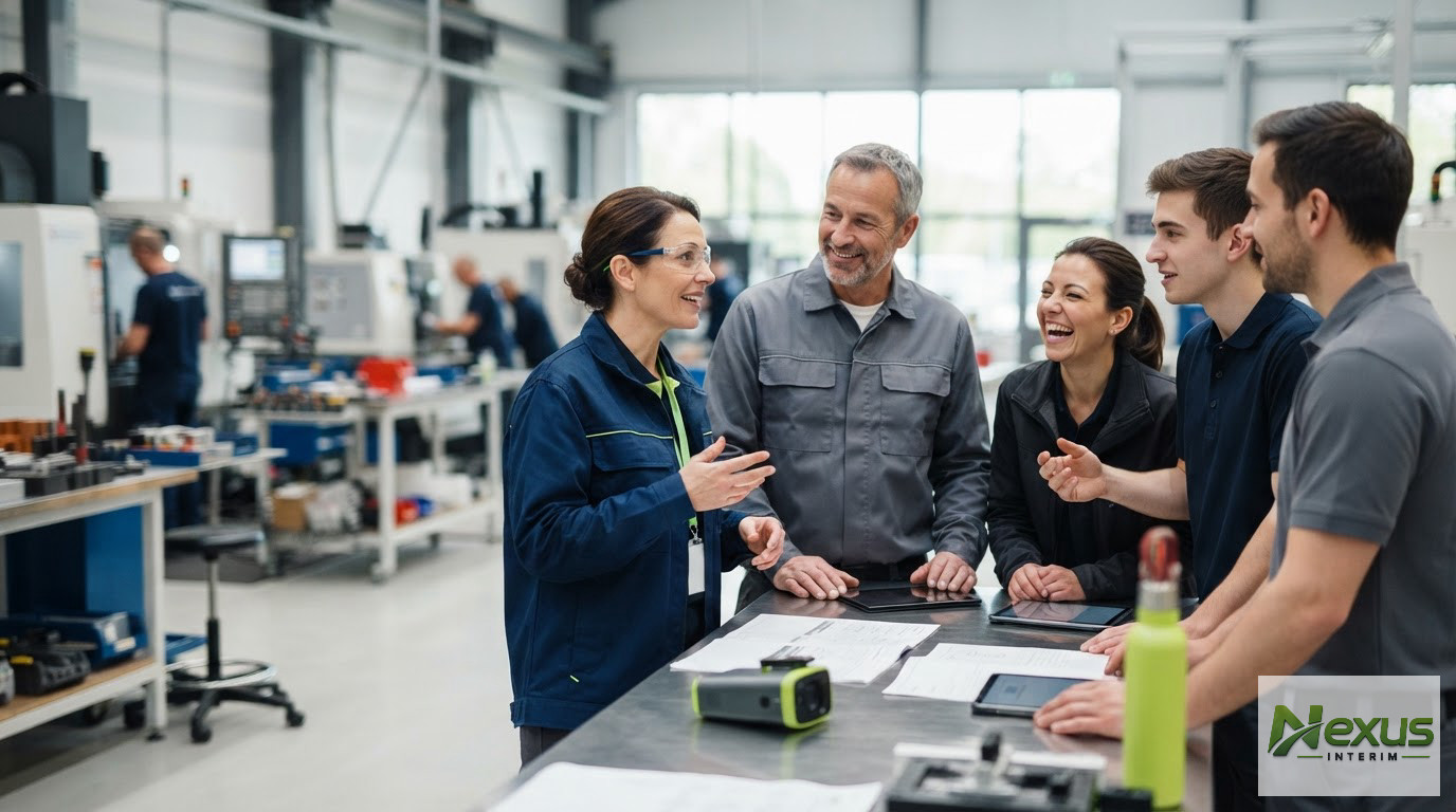 Une équipe d'ouvriers industriels souriants après une intégration réussie en atelier.