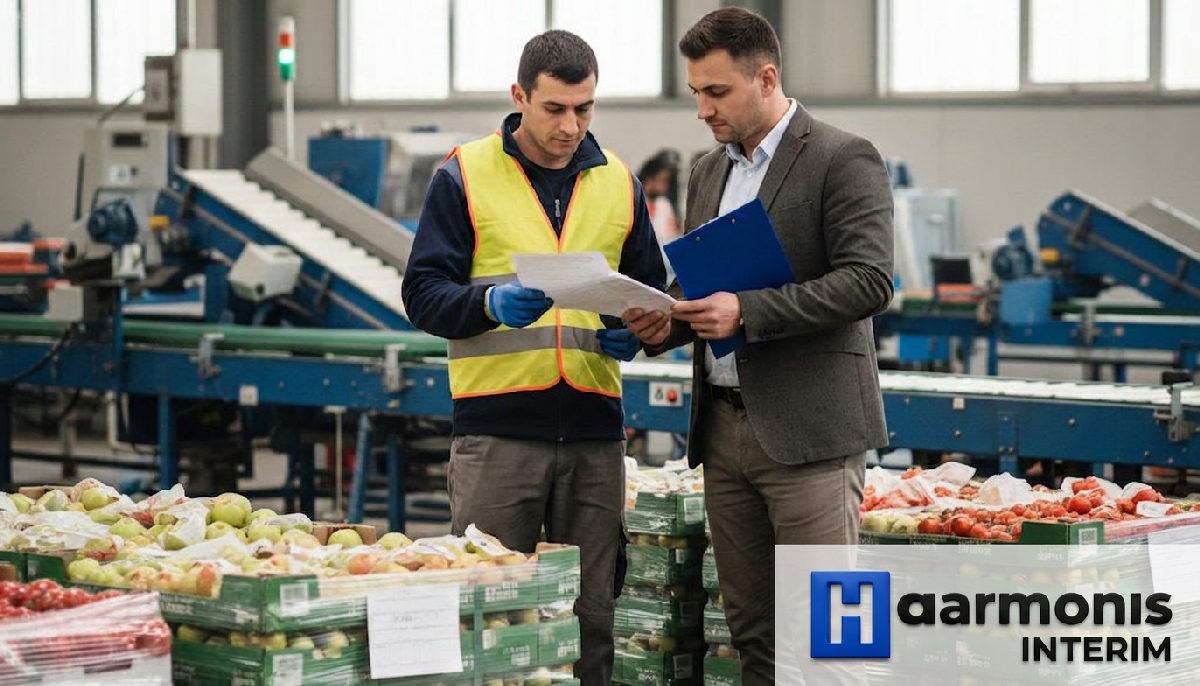 Inspecteur vérifiant la conformité d'un travailleur agricole dans un entrepôt.