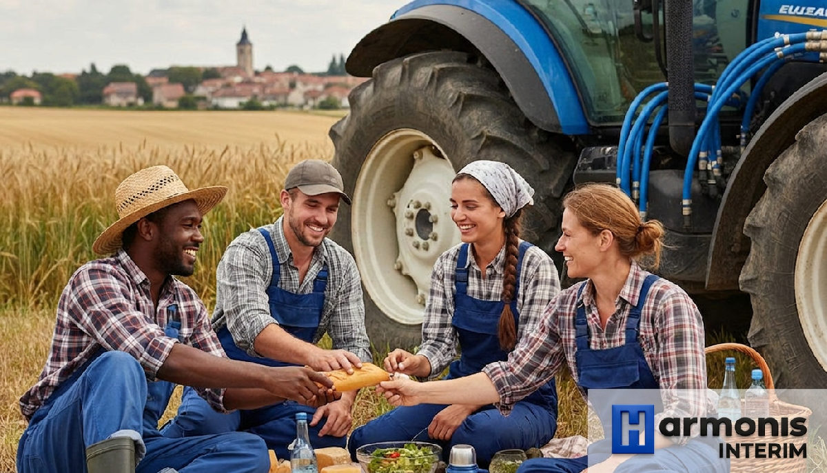 Ouvriers français et roumains partageant un repas près d'un tracteur.
