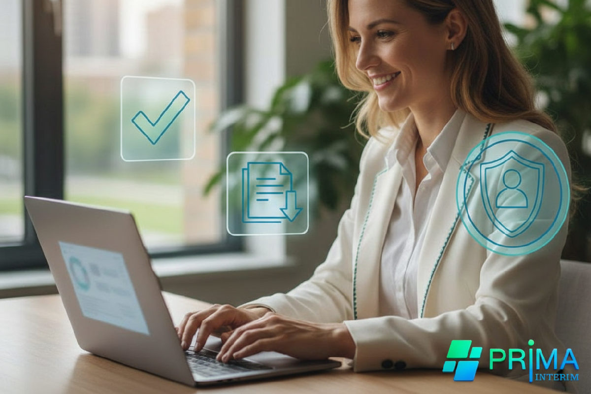 Gestion RH simplifiée avec icônes de conformité et sécurité.