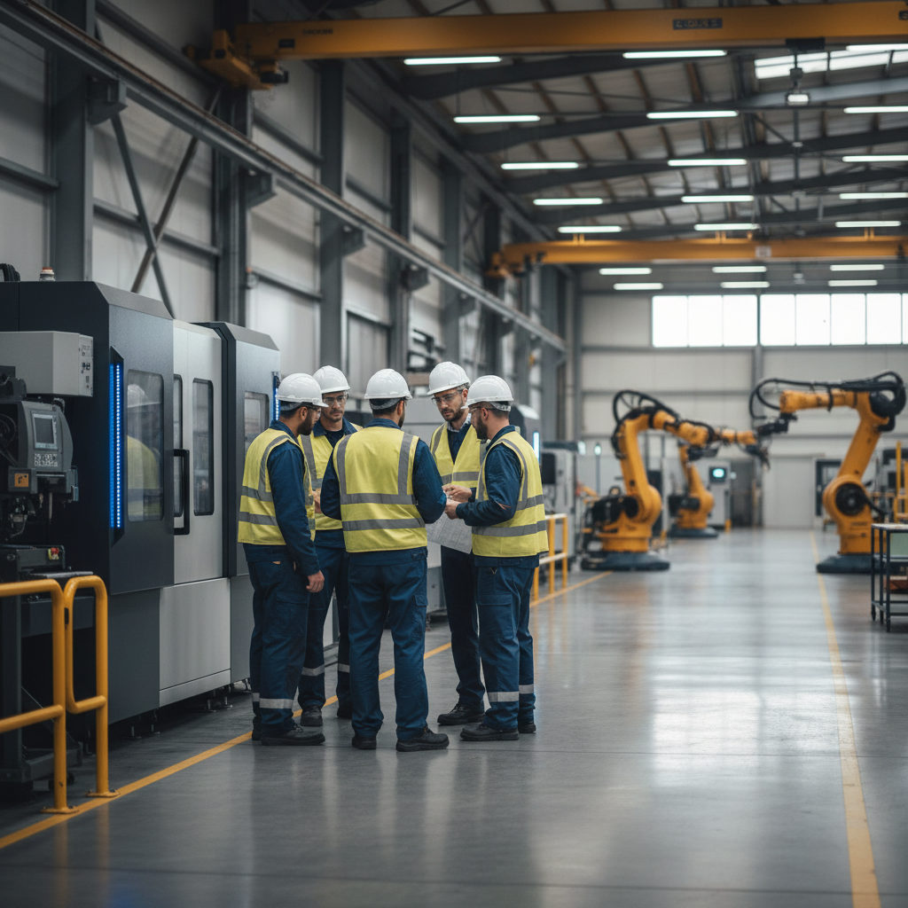 A professional industrial factory floor in France where an integration ouvriers roumains industrie etude cas is taking place with skilled workers in safety gear operating machinery.