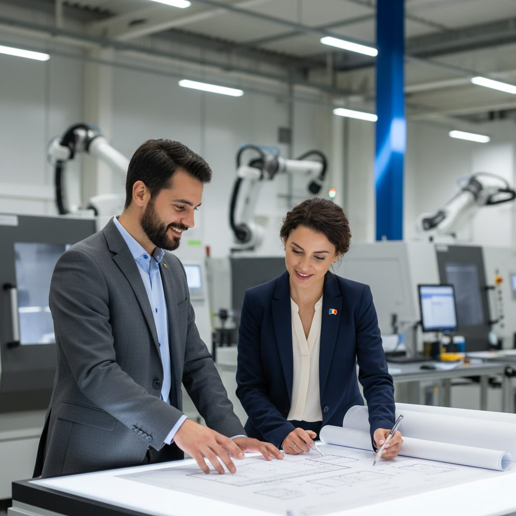Two industrial engineers, one French and one Romanian, discussing technical blueprints in a modern manufacturing plant, symbolizing successful integration.