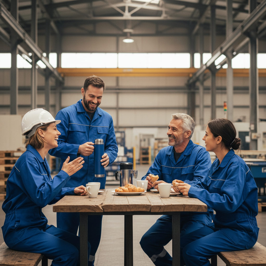 A diverse industrial team sharing a coffee break in a French factory, showing seamless social and professional integration between French and Romanian staff.