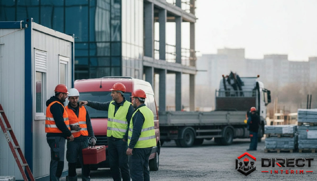 hébergement transport intérimaires roumains obligations - Chantier de construction avec ouvriers en équipement de sécurité.