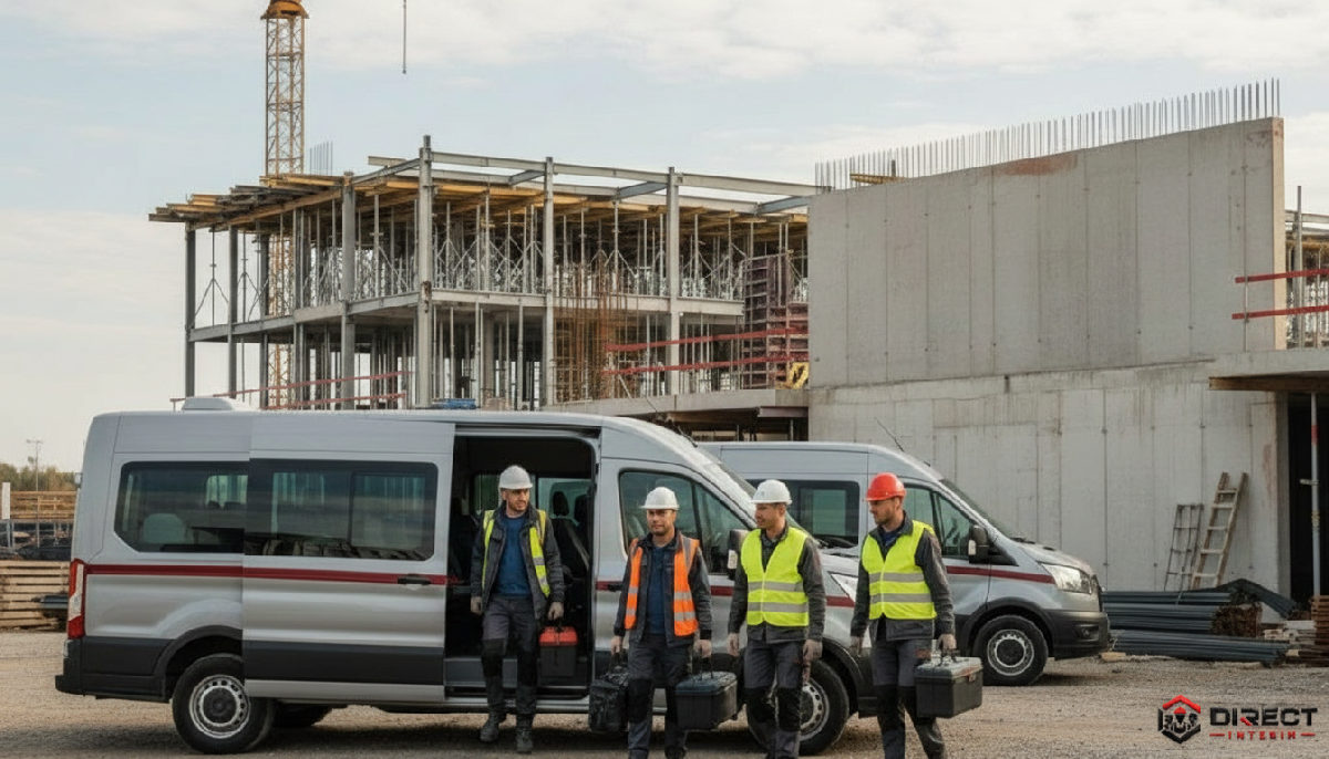 Ouvriers roumains arrivant sur un chantier en navette.