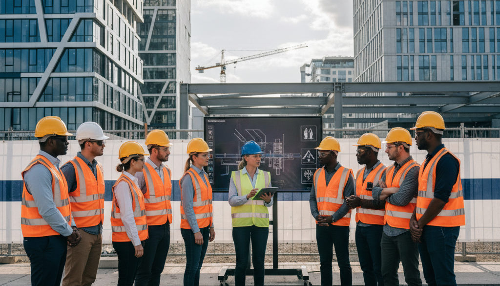 Employés divers en tenue de sécurité lors d'un briefing.