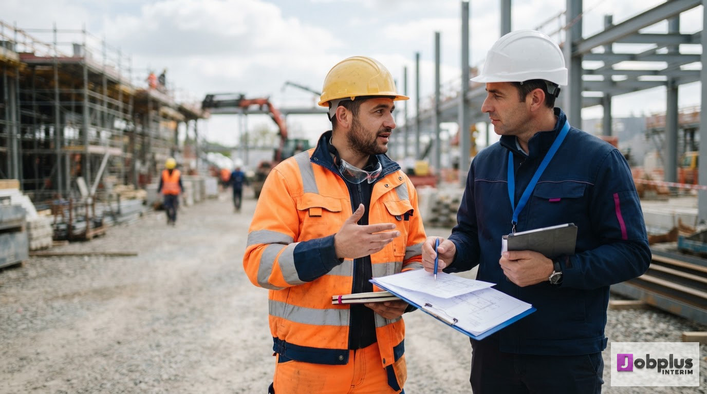 Un ouvrier bilingue discutant avec son chef sur un site industriel français.
