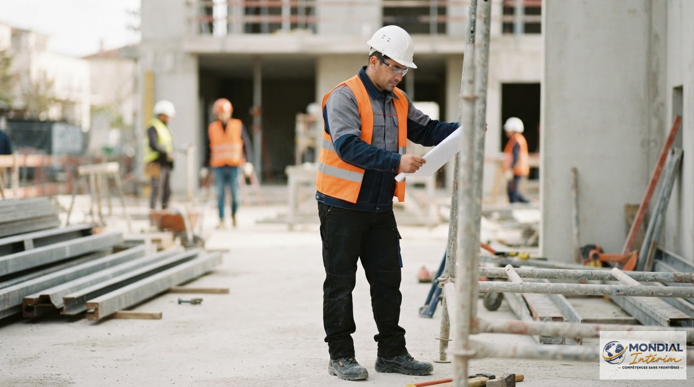 Un ouvrier roumain en équipement de sécurité sur un chantier français conforme.