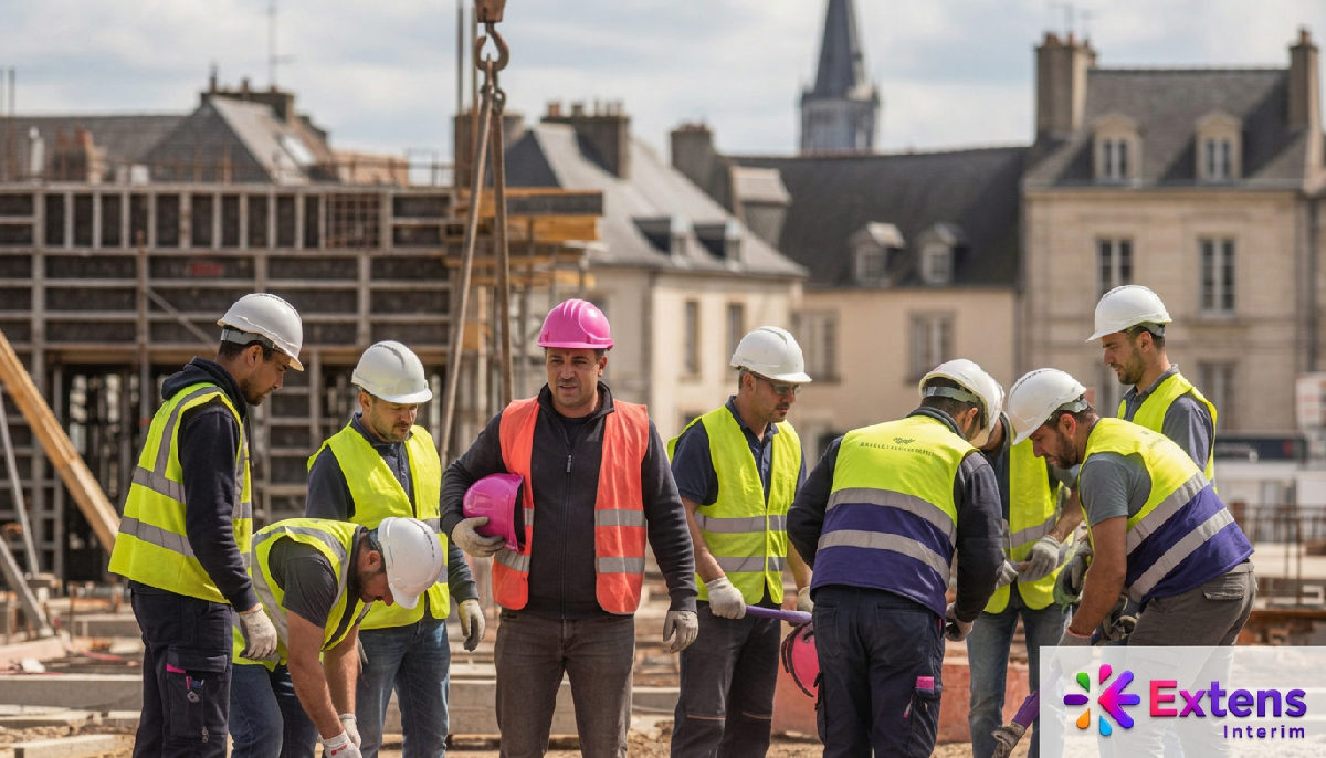 Chantier de construction animé en France avec des ouvriers diversifiés.