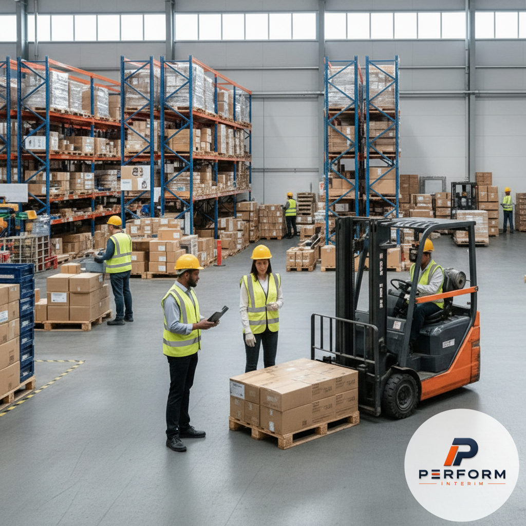 guide intérim logistique pour pme - Entrepôt logistique animé, personnel qualifié essentiel.