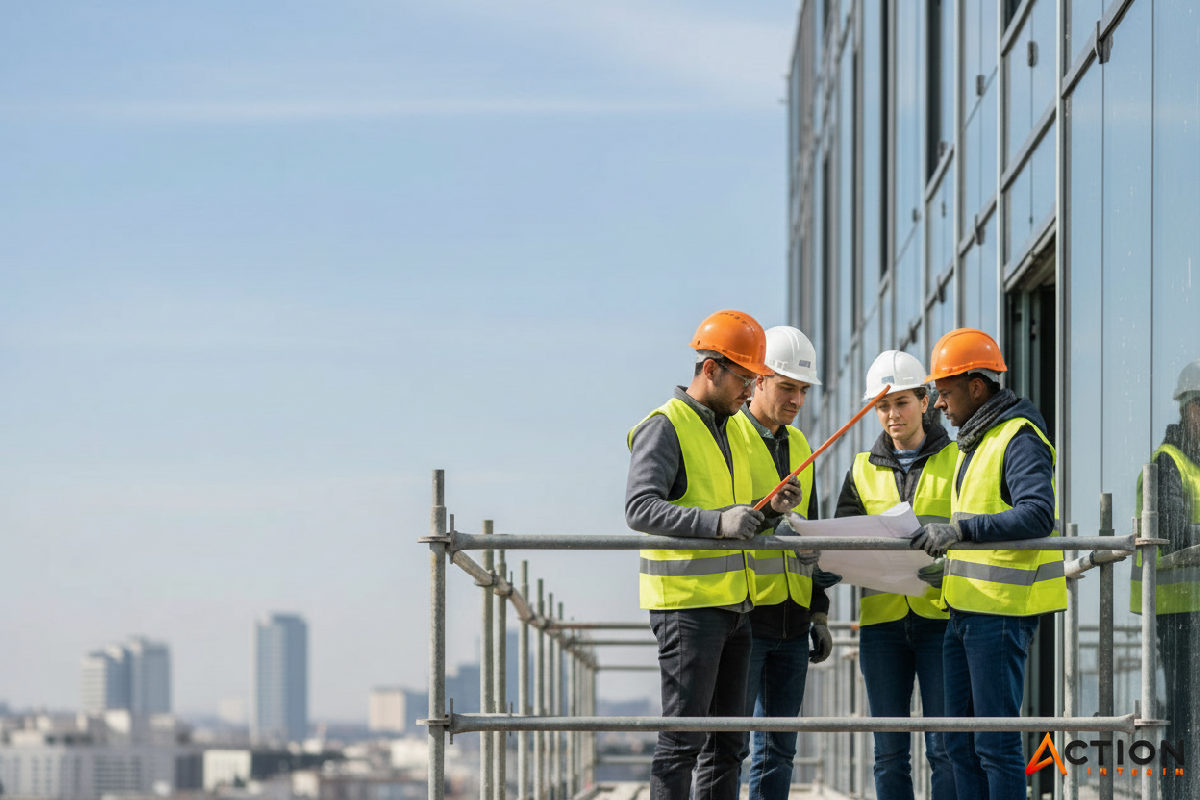 Chantier de construction en France avec une équipe d'ouvriers mixte.