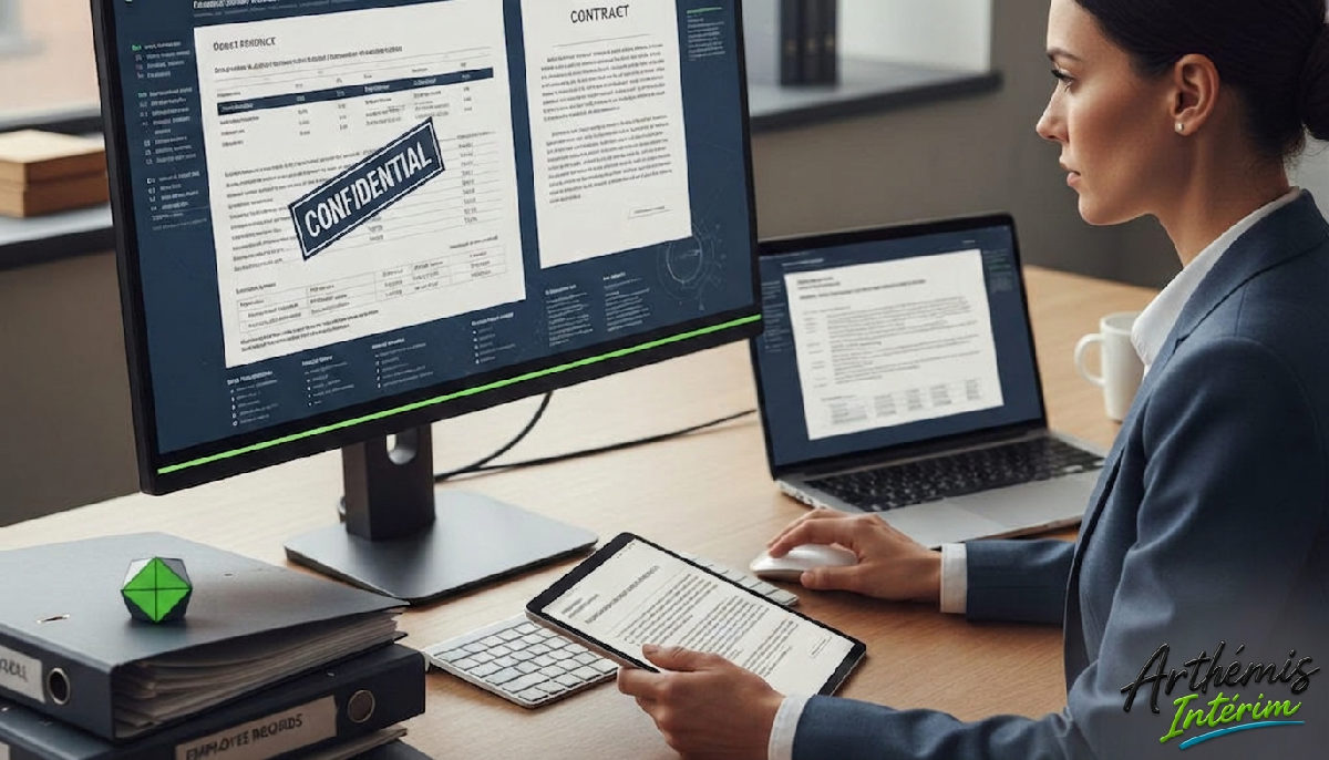 Bureau RH analysant des dossiers de conformité.