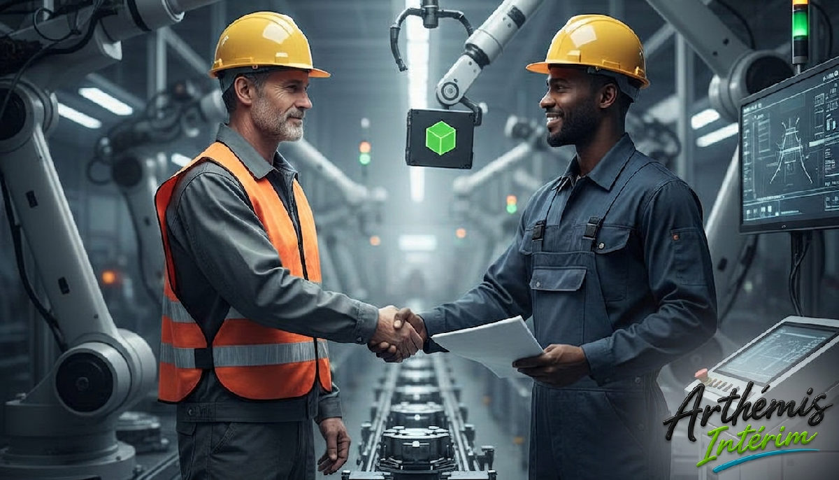 Professionnels se serrant la main devant une usine.