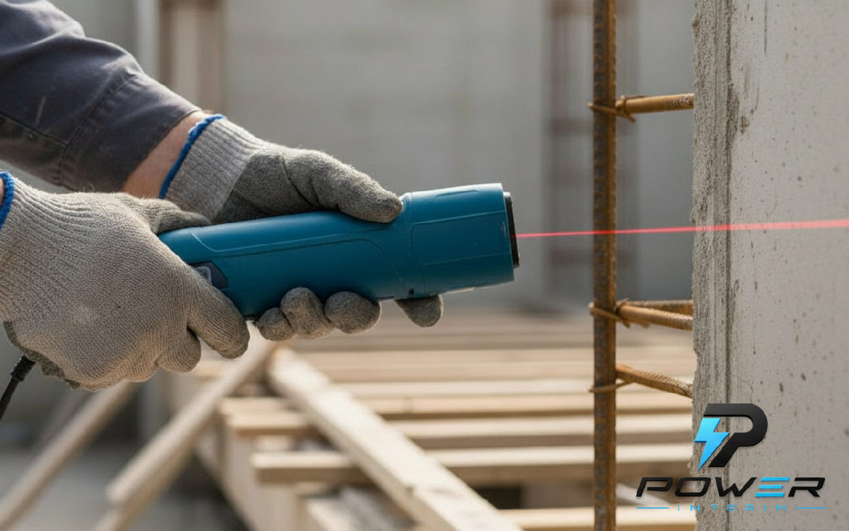Mains de maçon utilisant un niveau laser et des outils modernes.