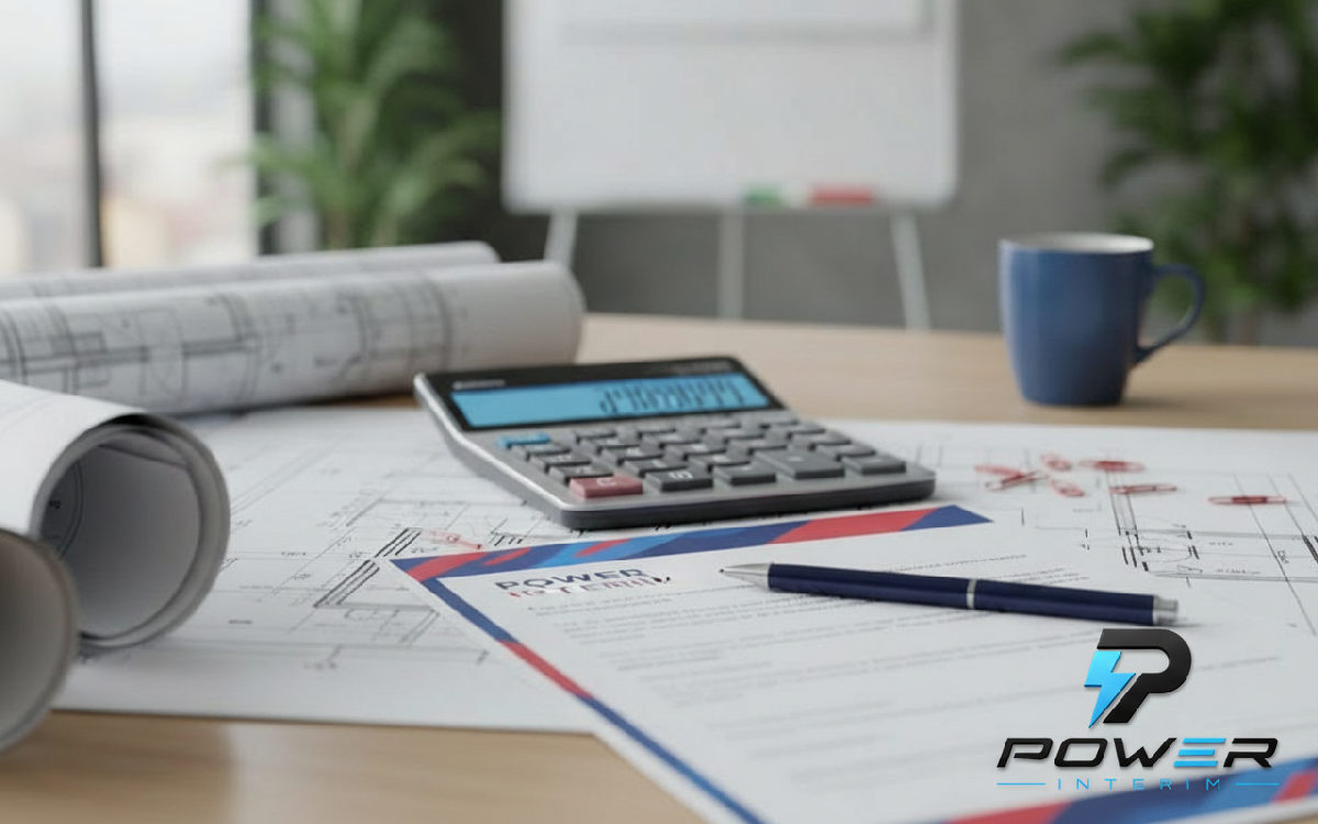 Plans, calculatrice et contrat Power Interim sur un bureau.