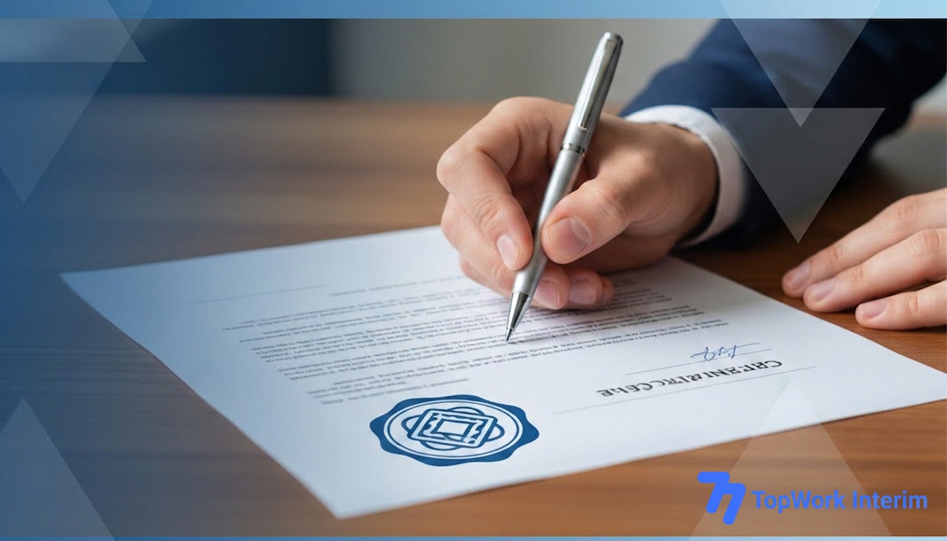 Main signant un contrat officiel avec un sceau de conformité.
