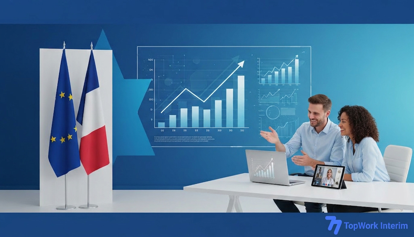 Bureau moderne avec graphiques de croissance et drapeaux UE/France.
