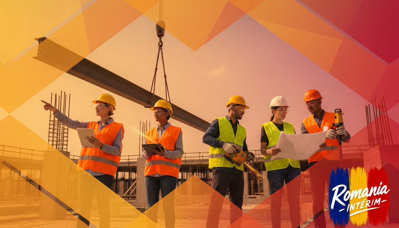 Ouvriers qualifiés sur un chantier, illustrant l'intérim international.