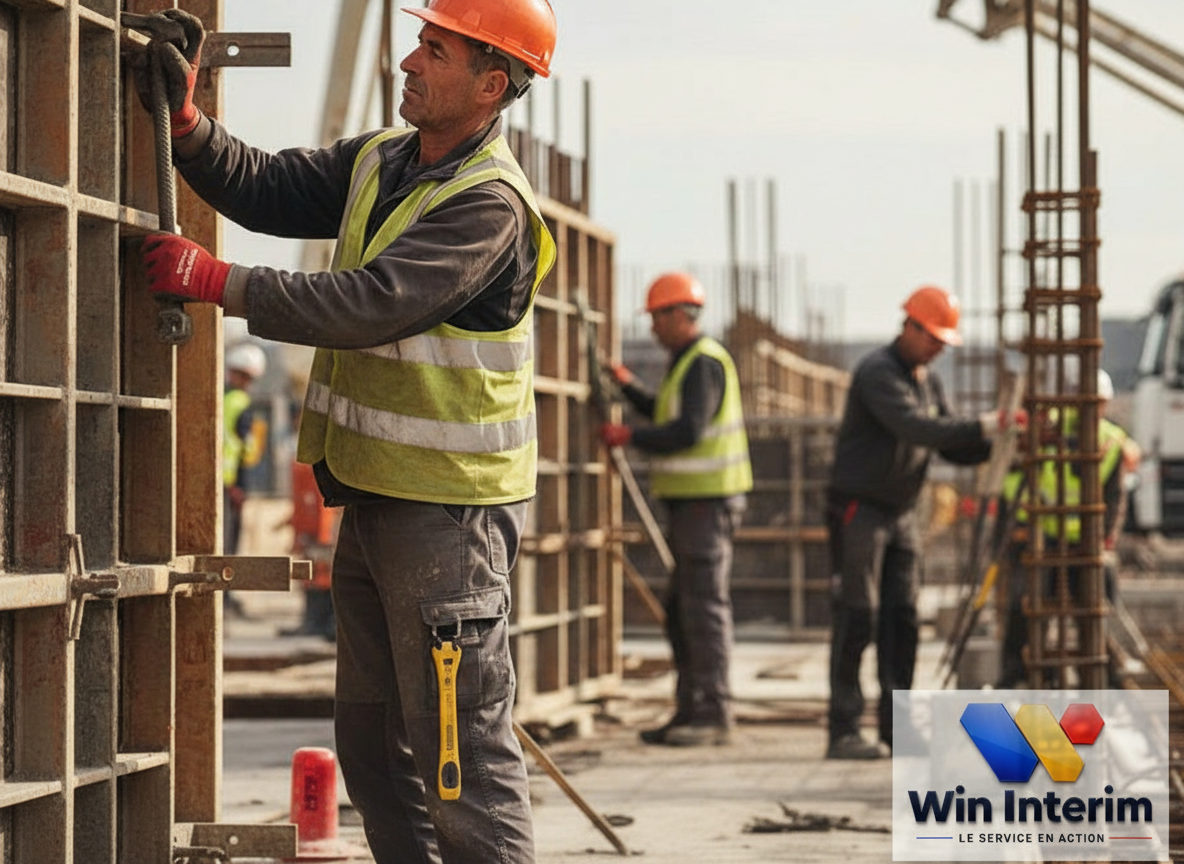 Chantier de construction en France avec des ouvriers qualifiés, potentiellement roumains.