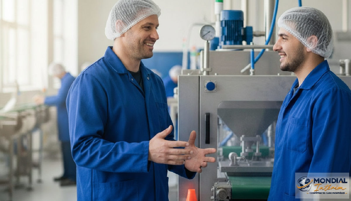 Employés français et roumain discutant devant une machine.