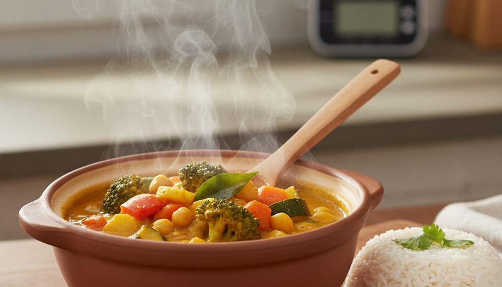 Parujący kociołek curry z warzywami i ryżem.