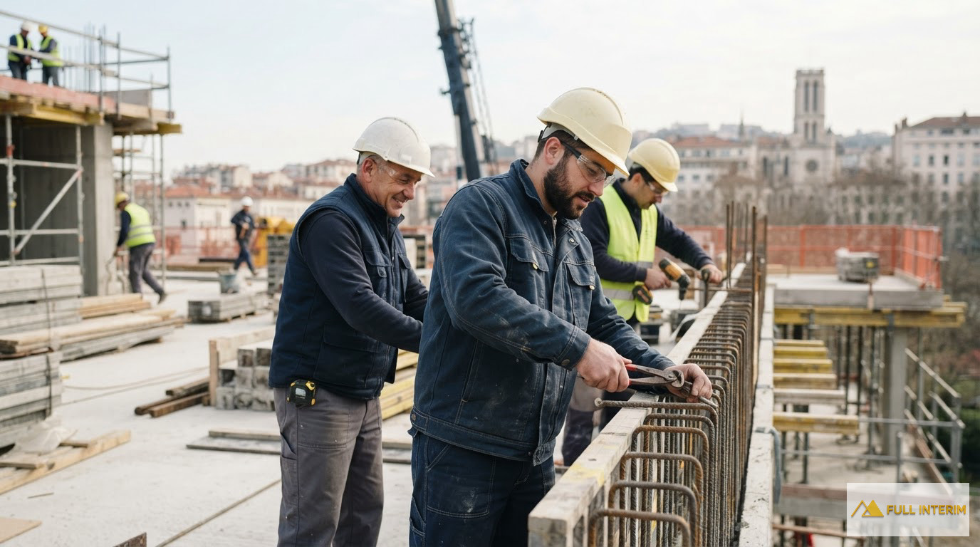 Ouvriers sur un chantier en France travaillant en toute sécurité.