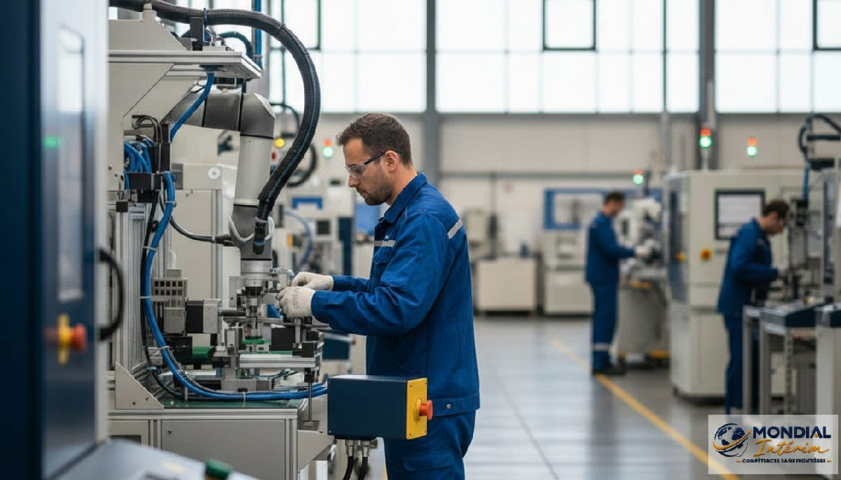 Opérateur roumain qualifié sur une chaîne de production moderne en France.