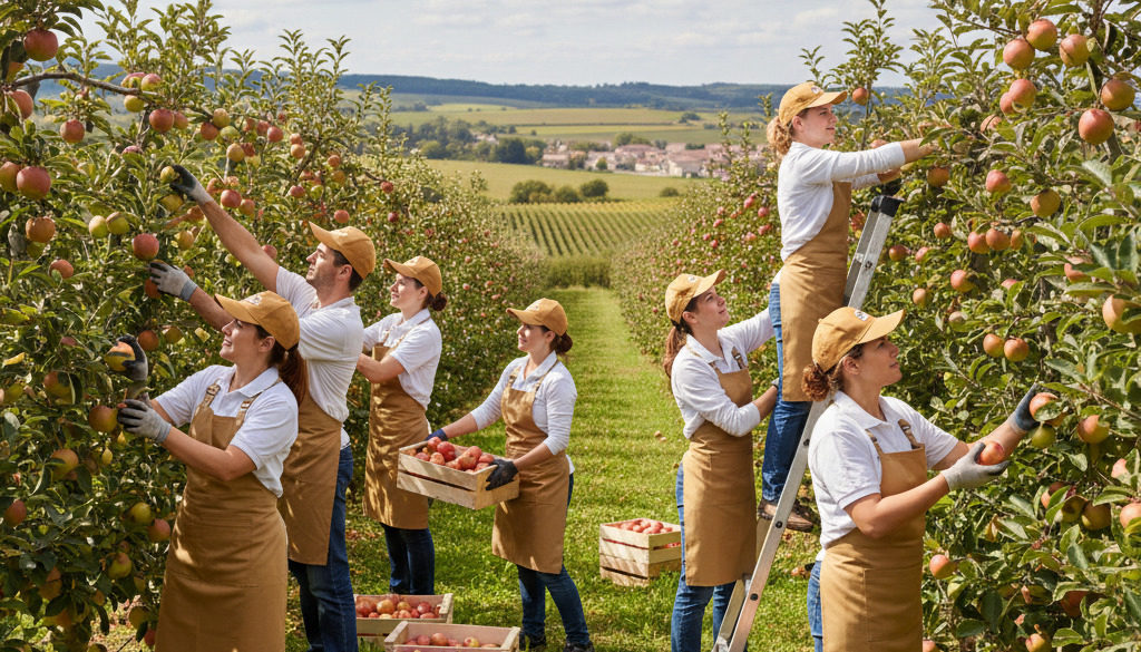 main d'œuvre agricole détachée Europe - Travailleurs agricoles récoltant des fruits en verger, main d'œuvre européenne.