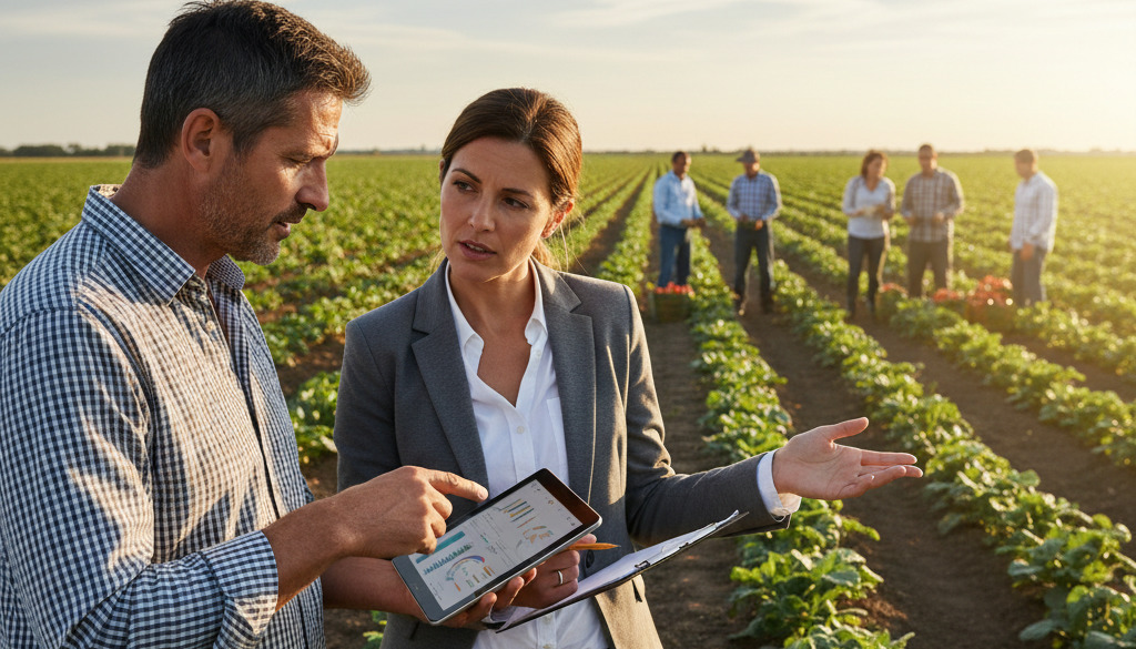 Gérant et coordinateur discutant de main d'œuvre agricole européenne.