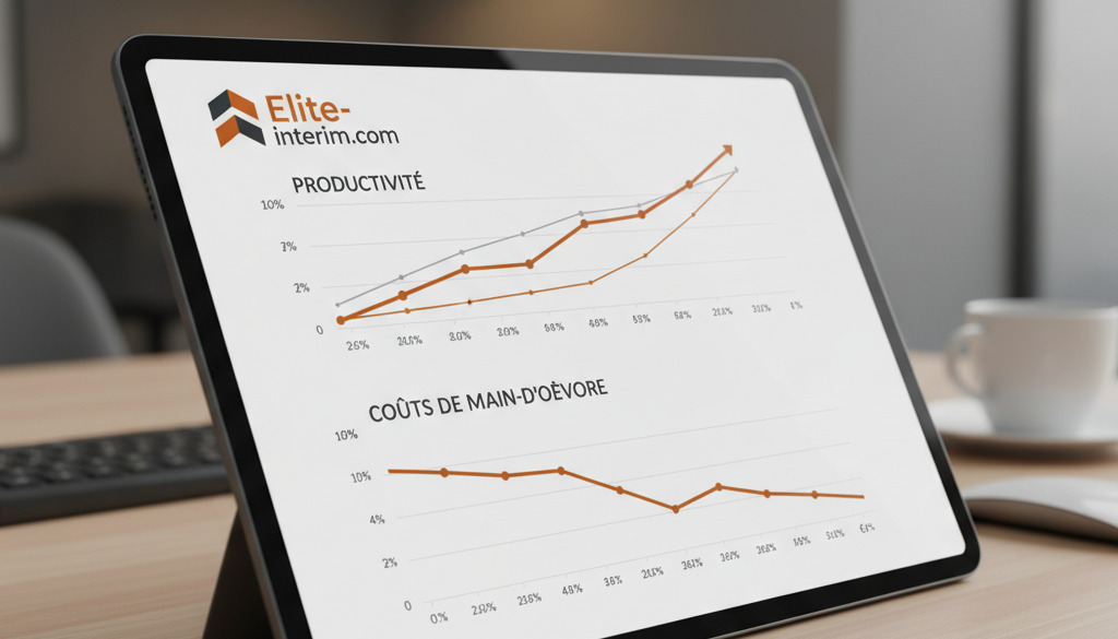 Tablette affichant des graphiques de productivité et de coûts de main d'œuvre.