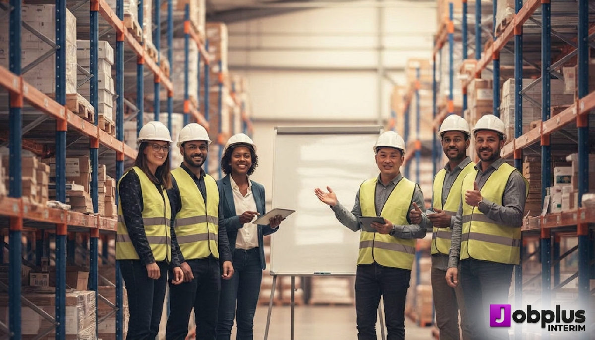 Travailleurs et managers heureux dans un entrepôt français moderne.