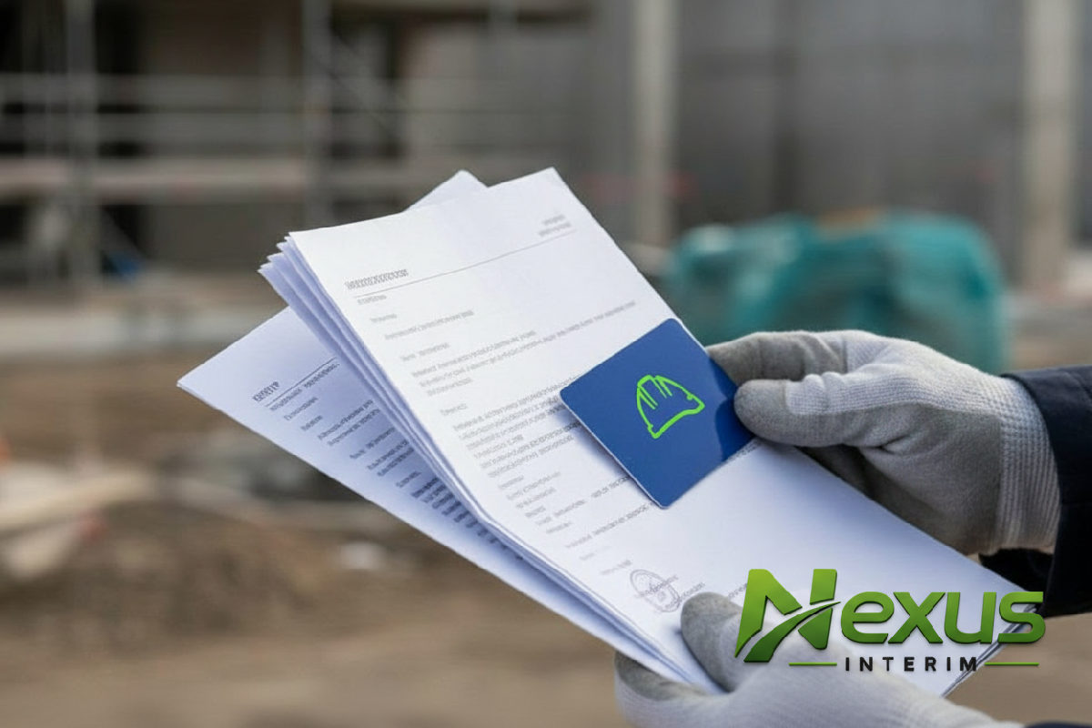 Mains tenant des documents et une carte BTP sur fond de chantier.