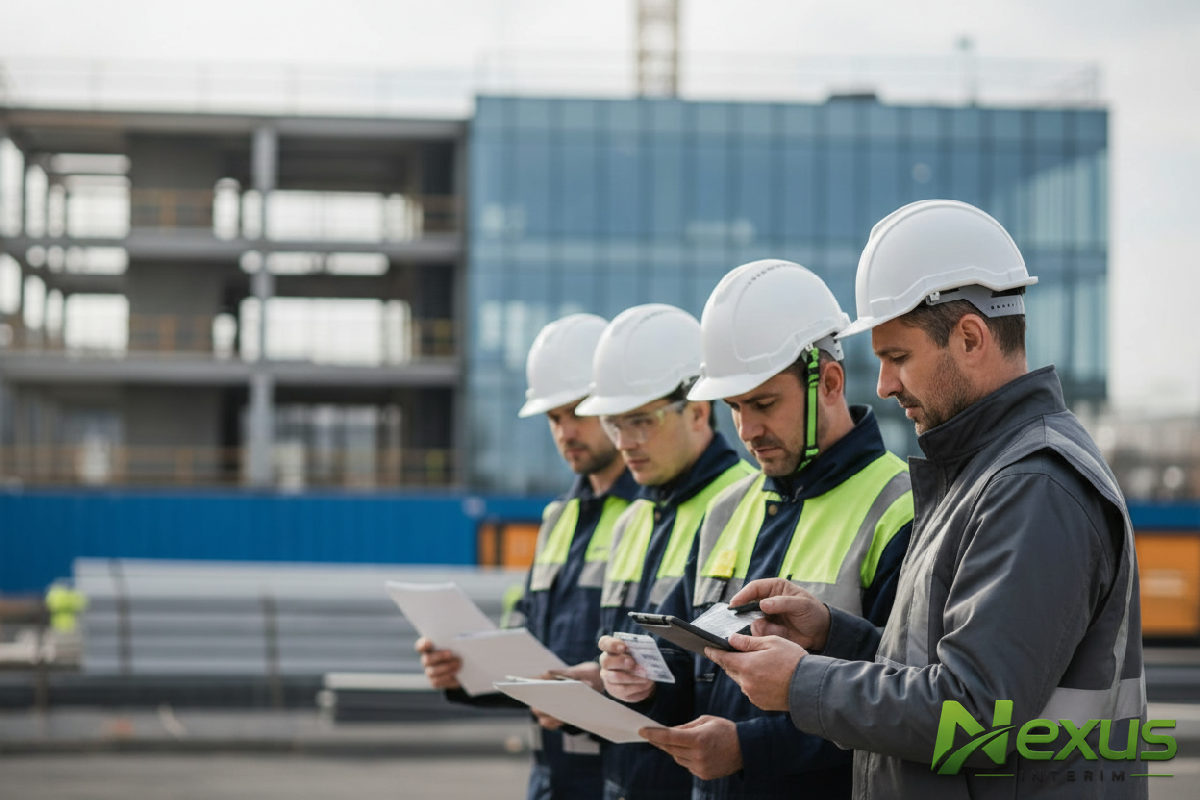 Inspecteur vérifiant les documents des ouvriers sur un chantier.