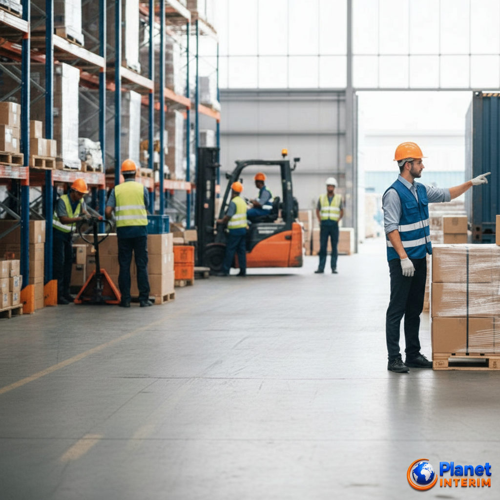 Entrepôt logistique animé, illustrant le choix d'une agence d'intérim pour l'emploi.