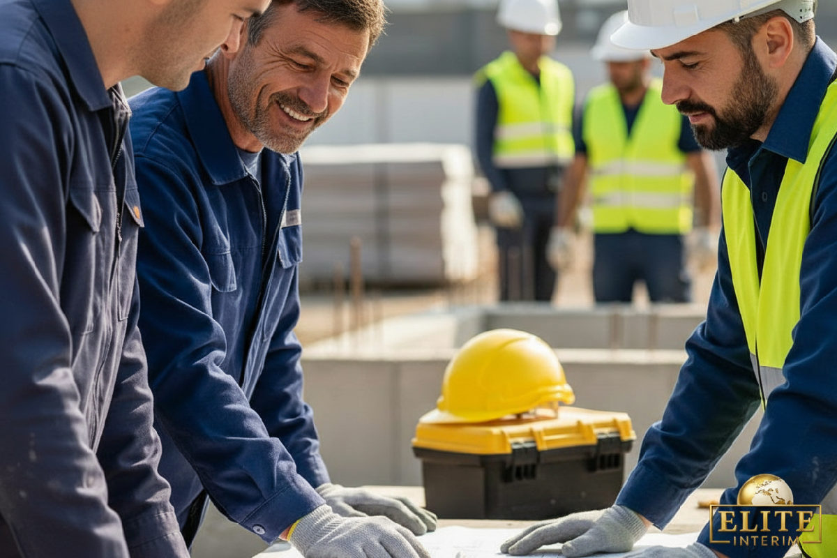Un groupe de maçons discute sur un chantier.