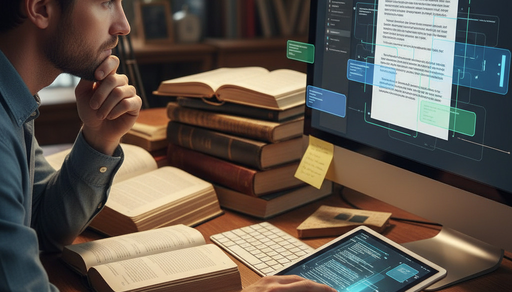 Editor fact-checking AI suggestions against reference materials on a screen.