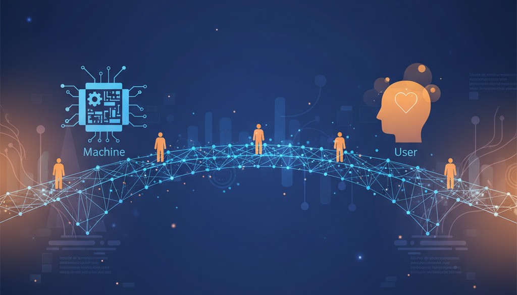 Graphic illustrating tech and empathy bridging machine and user through dat