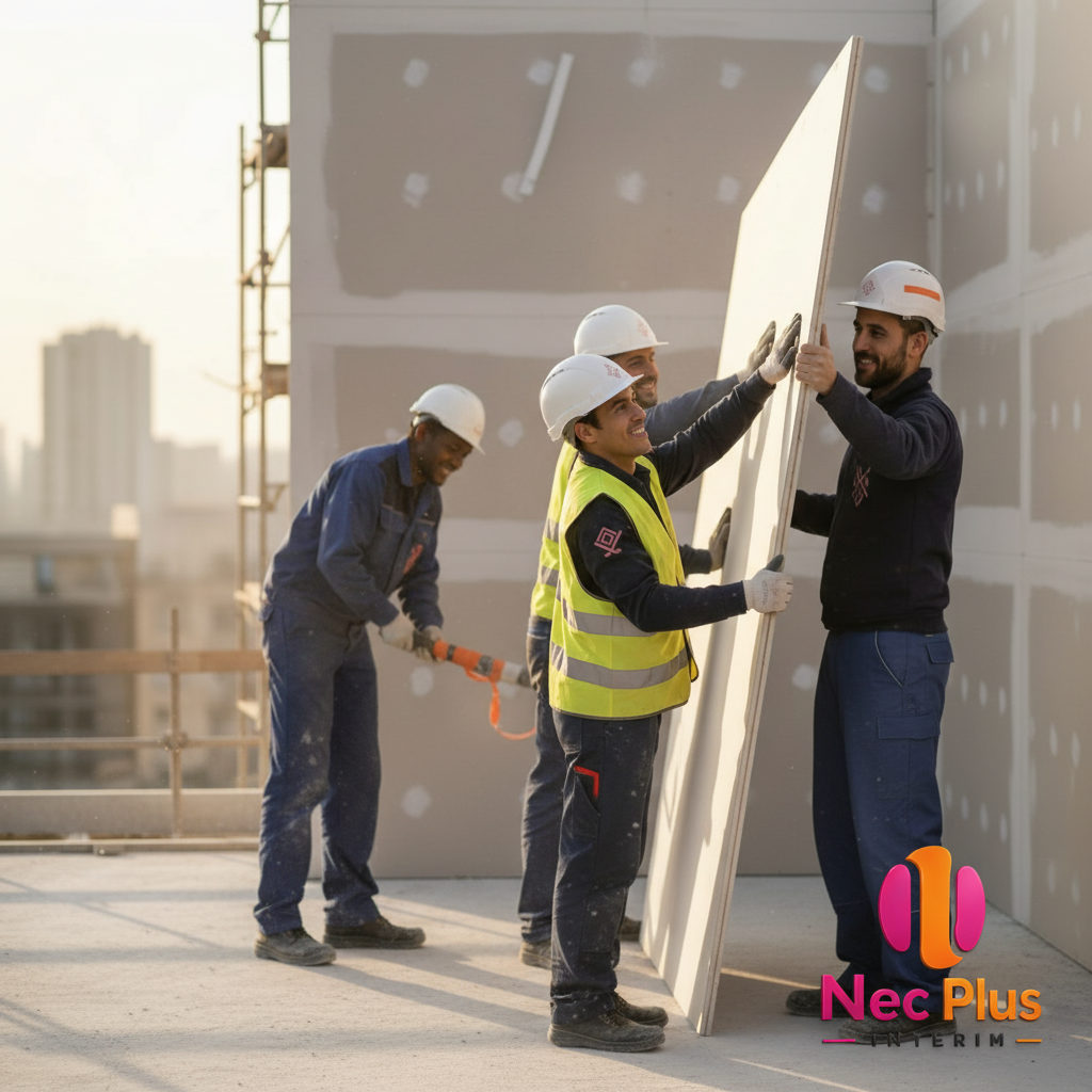 Travailleurs roumains et français collaborant sur un chantier.